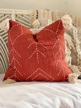 Load image into Gallery viewer, red cotton cushion with embroidered detail
