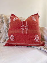 Load image into Gallery viewer, red cactus silk cushion with multicoloured embroidery
