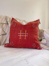 Load image into Gallery viewer, red cactus silk cushion with multicoloured embroidery

