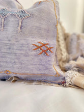 Load image into Gallery viewer, lavender cactus silk cushion with multicoloured embroidery
