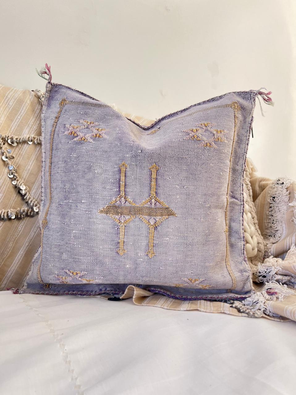 lavender cactus silk cushion with multicoloured embroidery