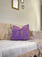 Load image into Gallery viewer, purple cactus silk cushion with multicoloured embroidery

