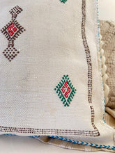 Load image into Gallery viewer, white cactus silk cushion with multicoloured embroidery
