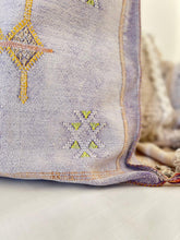 Load image into Gallery viewer, lavender coloured cactus silk cushion with multicoloured embroidery
