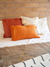 Load image into Gallery viewer, orange cotton cushion with embroidered detail
