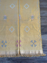 Load image into Gallery viewer, Yellow cactus silk rug with mutli coloured symbols woven into it
